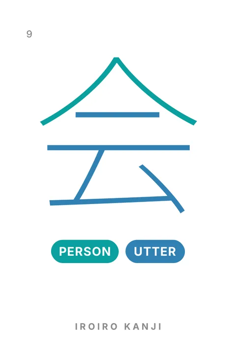 Front of card 9, 会, with the pills PERSON and UTTER.